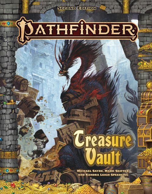 Pathfinder Treasure Vault by Michael Sayre, Mark Seifter, and Kendra Leigh Speedling. Cover depicts a dragon perched on a precarious pile of treasure chests, gold coins, and gems. A small gray kobold hoists a chest and looks on in dismay as more treasure tumbles into the stone chamber.