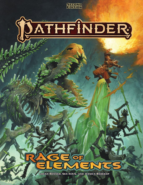 Pathfinder Rage of Elements by Logan Bonner, Sen H.H.S., and Jessica Redekop. A skeletal T-rex faces off against the iconic kineticist, who stands atop a pillar of green crystal and directs an immense fireball over her head.
