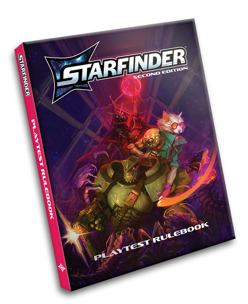 Starfinder Second Edition Playtest Rulebook. Cover illustration depicts a catlike alien and a lizard humanoid and a heroic insect warrior battling in the corridor of a starship.