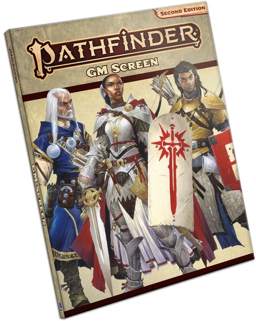 Pathfinder GM Screen cover featuring art of three iconic characters: a wizard, a champion, and a fighter.