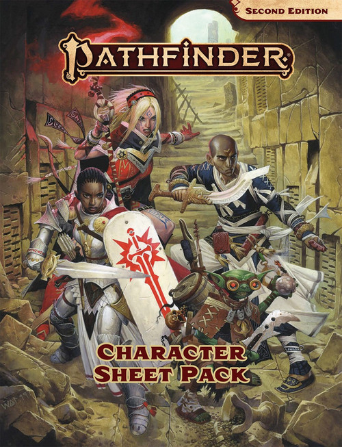 Pathfinder Character Sheet Pack cover featuring art of four iconic characters: a witch, a monk, a champion, and an alchemist.
