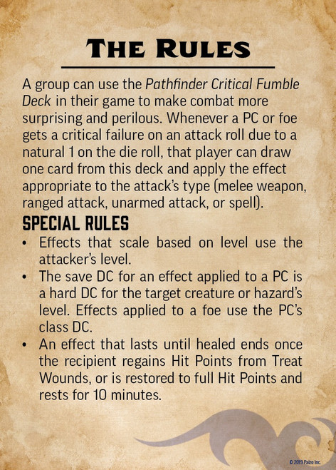 Pathfinder Critical Fumble Deck card explaining the rules.
