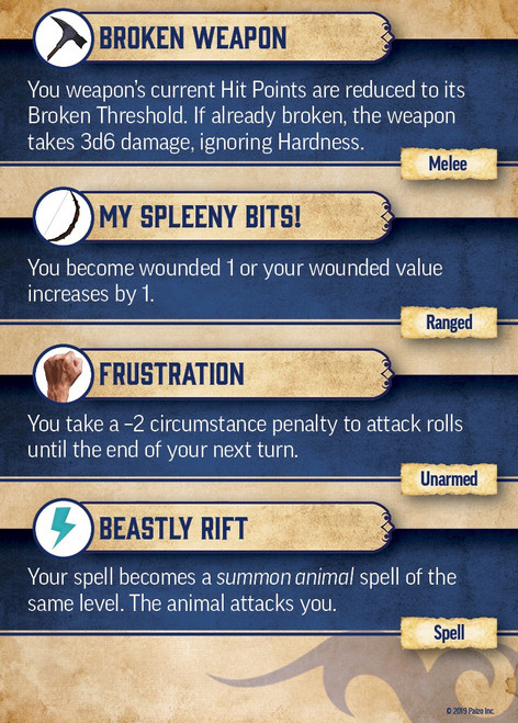 Pathfinder Critical Fumble Deck card depicting critical effect options for various damage types like broken weapon, my spleeny bits!, frustration, and beastly rift.