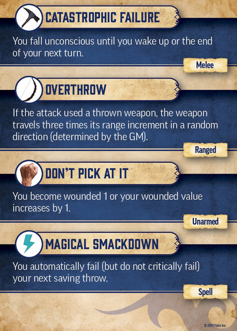 Pathfinder Critical Fumble Deck card depicting critical effect options for various damage types like catastrophic failure, overthrow, don't pick at it, and magical smackdown.