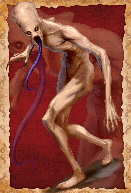 Pathfinder Bestiary Battle Card of a slender, hairless humanoid with long limbs and a long purple tongue.