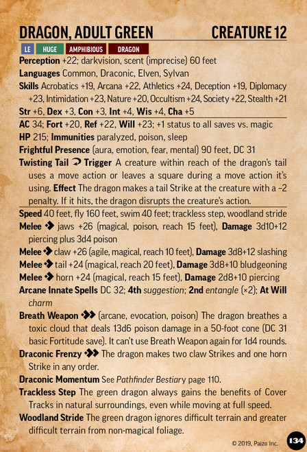 Pathfinder Bestiary Battle Card with a stat block for a level 12 adult green dragon.