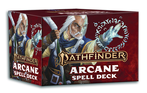 Pathfinder Spell Cards: Arcane box with art of the iconic wizard, Ezren, with a fierce expression as he casts a spell.