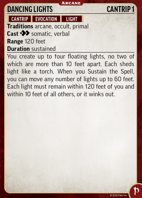 Pathfinder Spell Cards: Arcane card for the cantrip dancing lights.