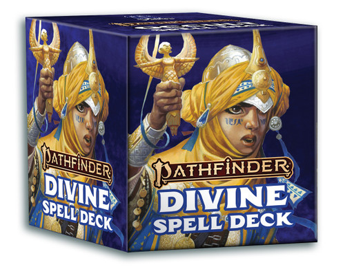Pathfinder Spell Cards: Divine box featuring art of the iconic cleric, a human woman with brown skin and elaborate armor.