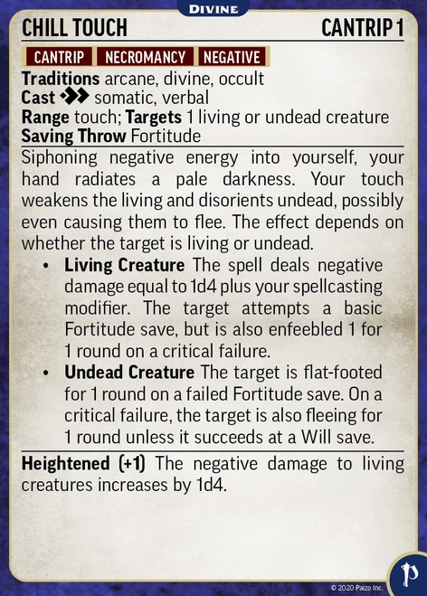 Pathfinder Spell Cards: Divine card for the cantrip chill touch.