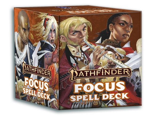 Pathfinder Spell Cards: Focus box art depicting the iconic bard, a pale blond halfling man playing the flute, and the iconic champion, a woman with dark hair and braids carrying a large shield and sword.