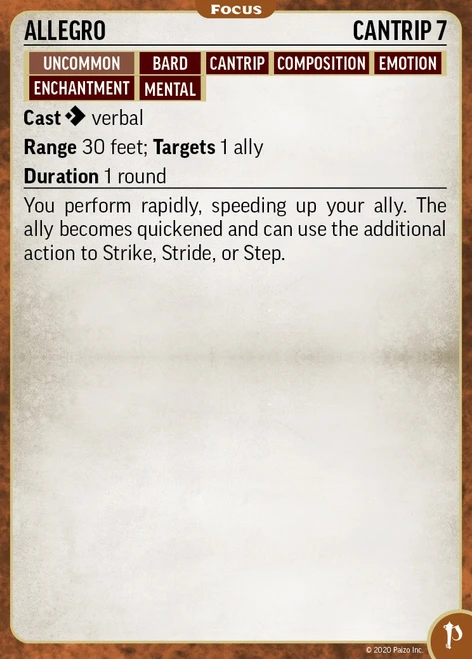 Pathfinder Spell Cards: Focus card depicting the cantrip allegro.