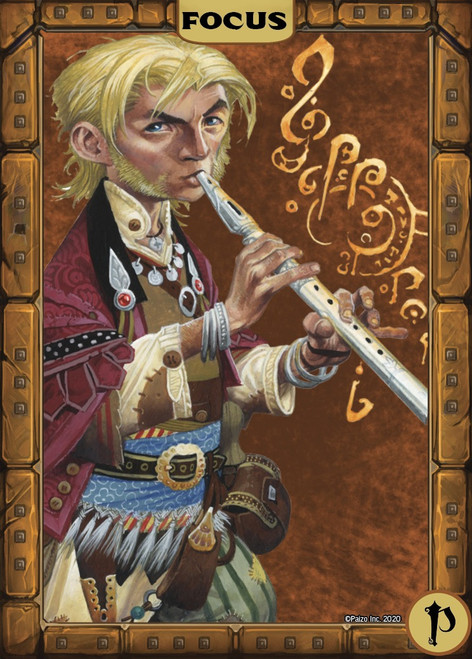 Pathfinder Spell Cards: Focus card art depicting the iconic bard, a pale blond halfling man playing the flute.