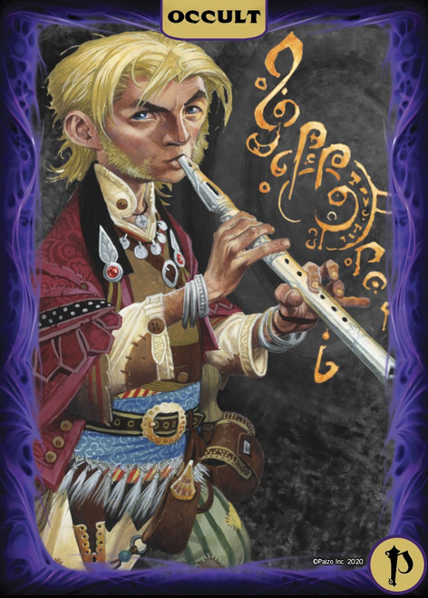 Pathfinder Spell Cards: Occult card featuring art of the iconic bard, a pale blond halfling man playing the flute.