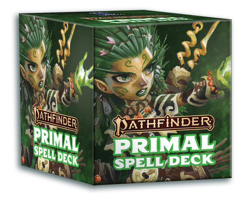 Pathfinder Spell Cards: Primal box featuring art of the iconic druid, a gnome woman with tan skin and spiky green hair, casting a spell of green fire.