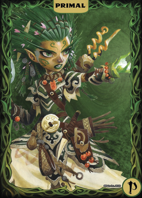 Pathfinder Spell Cards: Primal card featuring art of the iconic druid, a gnome woman with tan skin and spiky green hair, casting a spell of green fire.