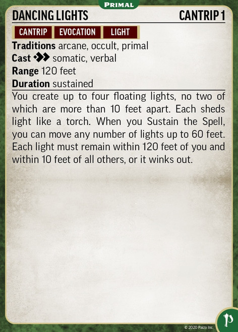 Pathfinder Spell Cards: Primal card for the cantrip dancing lights.