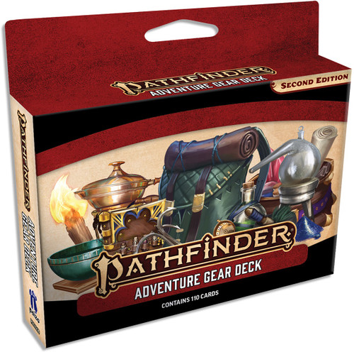 Pathfinder Adventure Gear Deck featuring art of a pack with bedroll and several boxes, bowls, and vials for potions and alchemical mixtures.