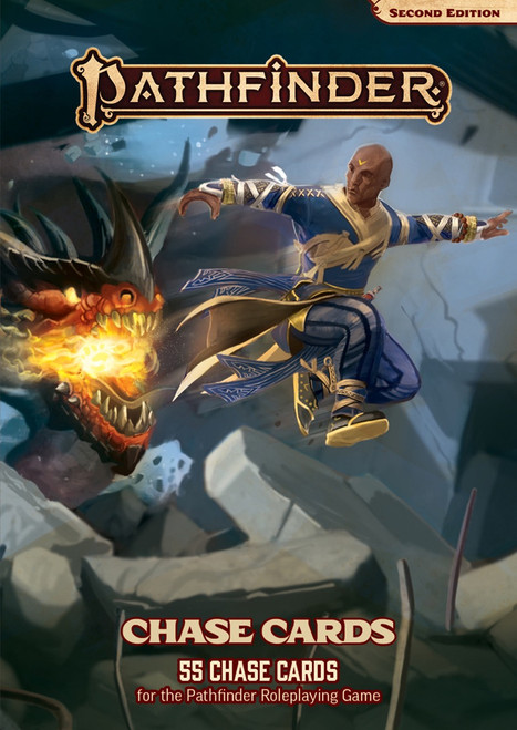 Pathfinder Chase Cards Deck cover depicting the iconic monk, a tan, bald man in blue and white robes, leaping away from a dragon.