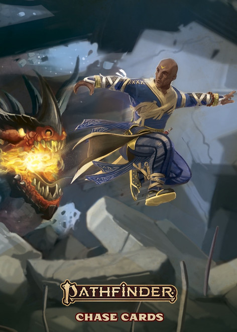 Pathfinder Chase Cards Deck cover depicting the iconic monk, a tan, bald man in blue and white robes, leaping away from a dragon.