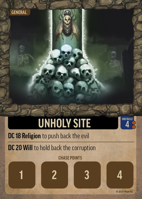 Pathfinder Chase Cards Deck card for an unholy site with art of a pile of skulls.
