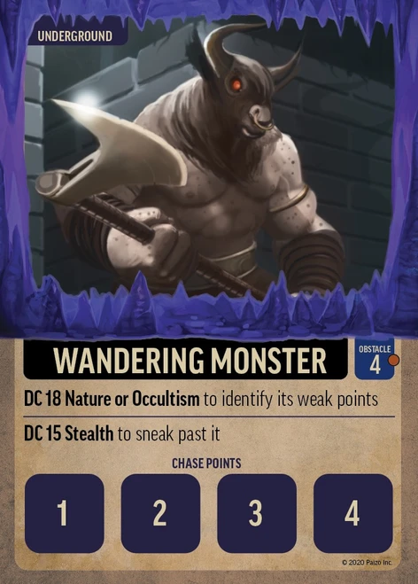 Pathfinder Chase Cards Deck card for a wandering monster, with art of a minotaur carrying an axe.