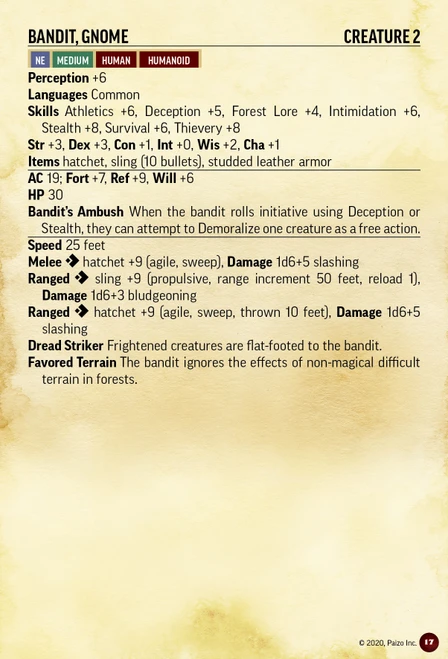 Pathfinder NPC Battle Card of a gnome bandit's stat block.