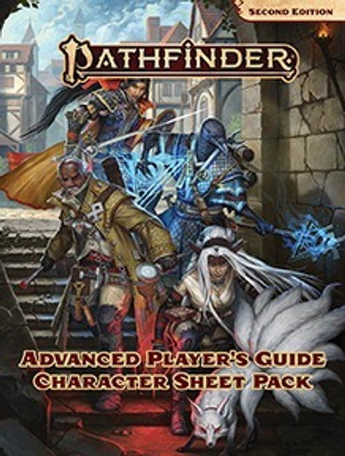 Pathfinder Advanced Player's Guide Character Sheet Pack cover art of four iconic heroes creeping down stone stairs into a sheltered alley.