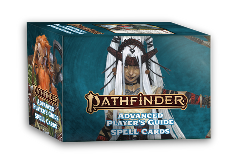 Pathfinder Spell Cards: Advanced Player's Guide box. One side depicts the iconic witch, a woman with long white hair, and another side depicts the iconic rogue, a dwarf with red hair and beard.