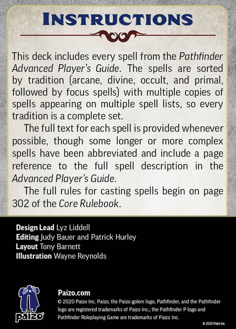 Pathfinder Spell Cards: Advanced Player's Guide card with deck instructions and credits.