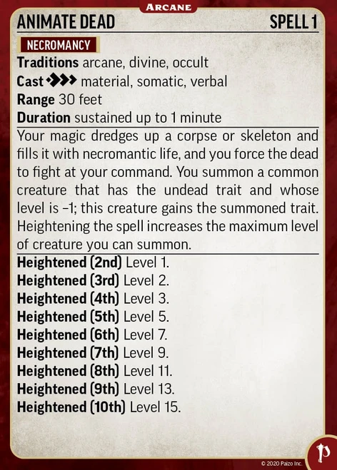 Pathfinder Spell Cards: Advanced Player's Guide card for the spell animate dead.