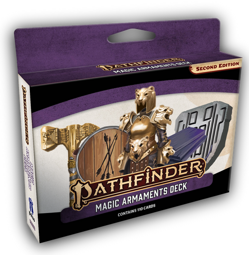 Pathfinder Magic Armaments Deck with art of golden lion-headed armor, a wooden shield, and other objects.