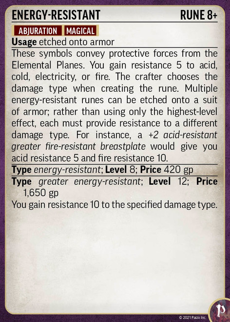Pathfinder Magic Armaments Deck card for an energy-resistant rune.
