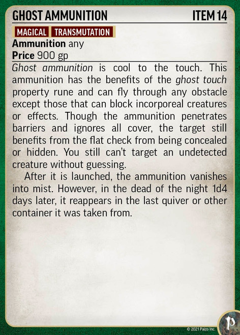 Pathfinder Potions and Talismans Deck card for 14th-level ghost ammunition.