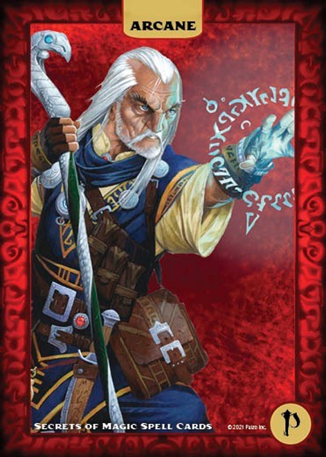 Pathfinder Spell Cards: Secrets of Magic arcane card depicting the iconic wizard, a white man with long white hair and a white staff casting a glowing blue spell.