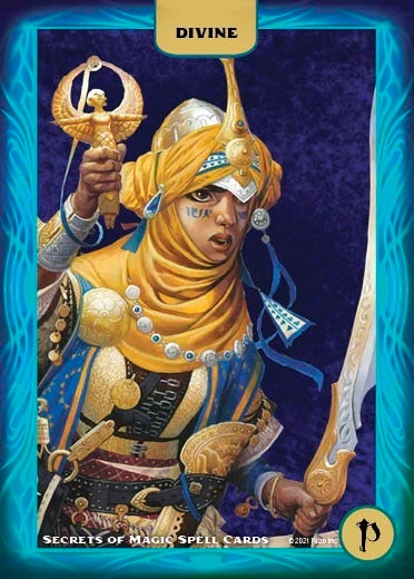 Pathfinder Spell Cards: Secrets of Magic divine card art featuring the iconic cleric, a woman with brown skin and elaborate blue and gold armaments holding a religious icon in one hand and a saber in the other.