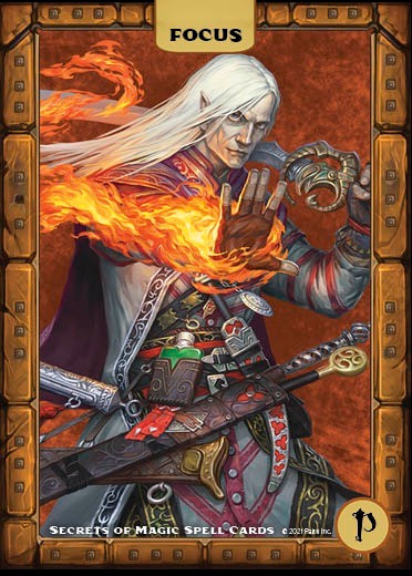 Pathfinder Spell Cards: Secrets of Magic focus card art featuring the iconic magus, a white man with long white hair carrying several swords and casting a fire spell.