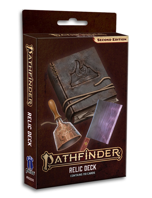 Pathfinder Relic Deck box, featuring art of a bell, a book, and a cleaver.
