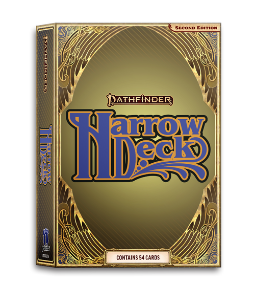 Pathfinder Harrow Deck box with decorative golden border.