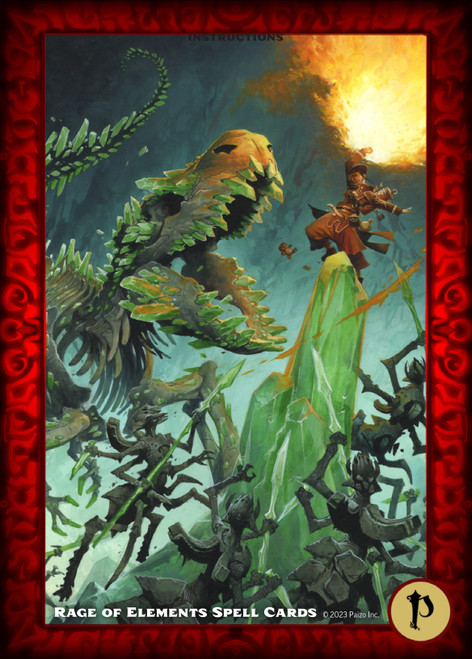 Pathfinder Spell Cards: Rage of Elements card back depicting the cover art from the book. The iconic kineticist, a young woman from Tian Xia, stands atop a pillar of green crystal wielding a gout of flame as a skeletal T-rex and several undead creatures threaten her.