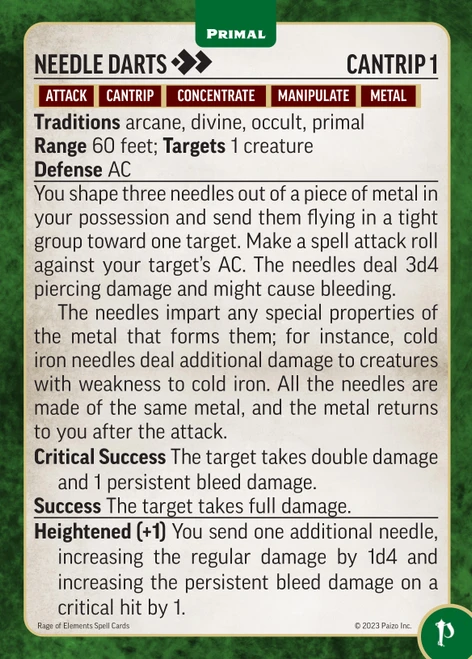 Pathfinder Spell Cards: Rage of Elements card for the spell needle darts.