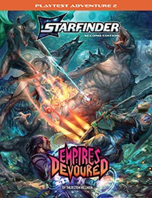 Starfinder Second Edition Empires Devoured. Cover depicts heroic science fantasy adventurers facing off against a dangerous monstrous winged alien with a terrible beak. 