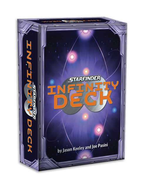 Starfinder Infinity Deck Cardgame. By Jason Keeley and Joe Pasini. A model of the game box, featuring a space illustration.