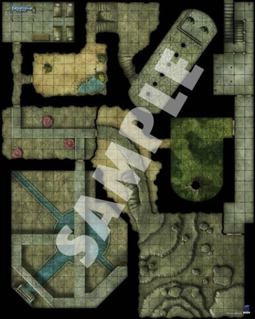 Pathfinder Flip-Mat: Thornkeep Dungeons 2-Pack PDF sample image shows a map of an underground dungeon that includes rooms that look like they present various obstacles to navigate.