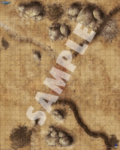 Pathfinder Flip-Mat: Battlefield PDF sample image shows a map of a choke point in a desert between two rocky escarpments.
