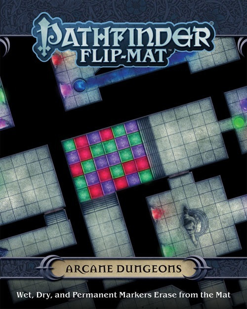 Pathfinder Flip-Mat: Arcane Dungeons PDF product image shows a section of a strange underground dungeon with rooms featuring magical traps and mysteries; wet, dry, and permanent markers erase from the mat.