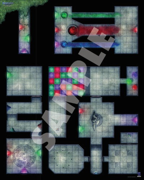 Pathfinder Flip-Mat: Arcane Dungeons PDF sample image shows a map of a magical underground dungeon, with several colorful magical effects in each.