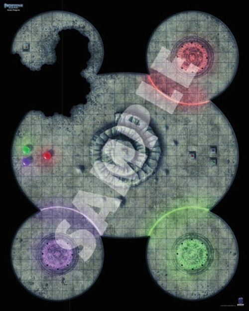Pathfinder Flip-Mat: Arcane Dungeons PDF sample image shows a map of a large oval chamber with four circular alcoves; magic fields and circles glow in three of the alcoves, while the forth is partially collapsed.