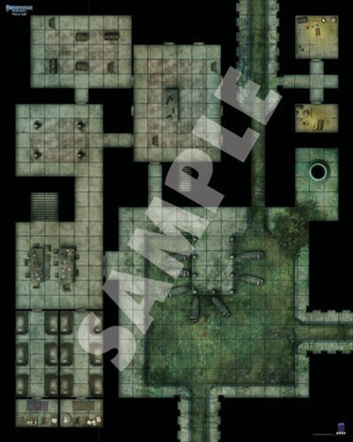 Pathfinder Flip-Mat: Thieves' Guild PDF sample image shows a map of an underground thieves’ guild linked to a sewer tunnel and cistern.