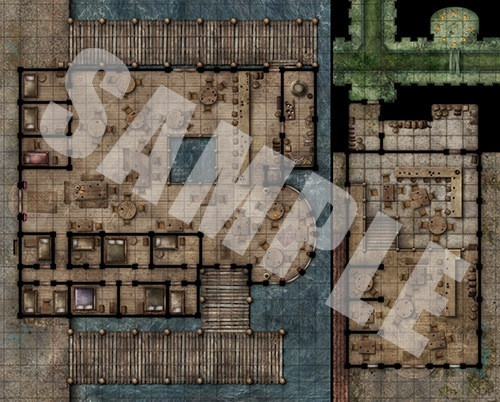 Pathfinder Flip-Mat: Seedy Tavern PDF sample image shows a map of a waterfront tavern that includes areas that open directly into the water the tavern is built over, with an inset map to the side showing an underground sewer entrance to the tavern basement.